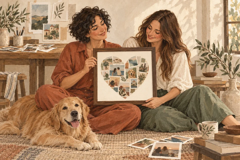Ilustración de dos mujeres con un perro y un collage enmarcado