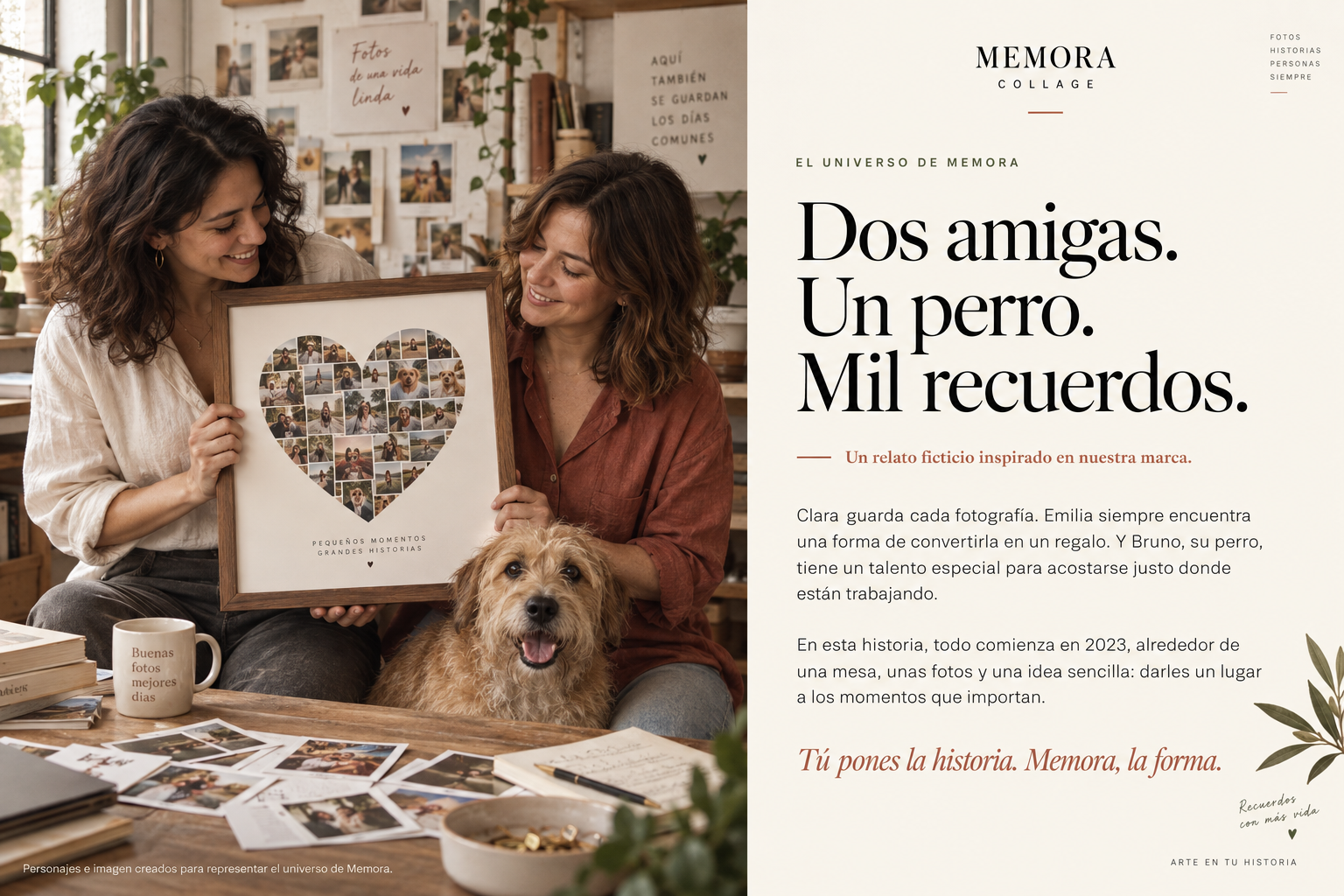 Clara, Emilia y su perro Bruno, personajes ficticios del universo Memora, sosteniendo un cuadro con un collage de corazón. Imagen creada con IA.